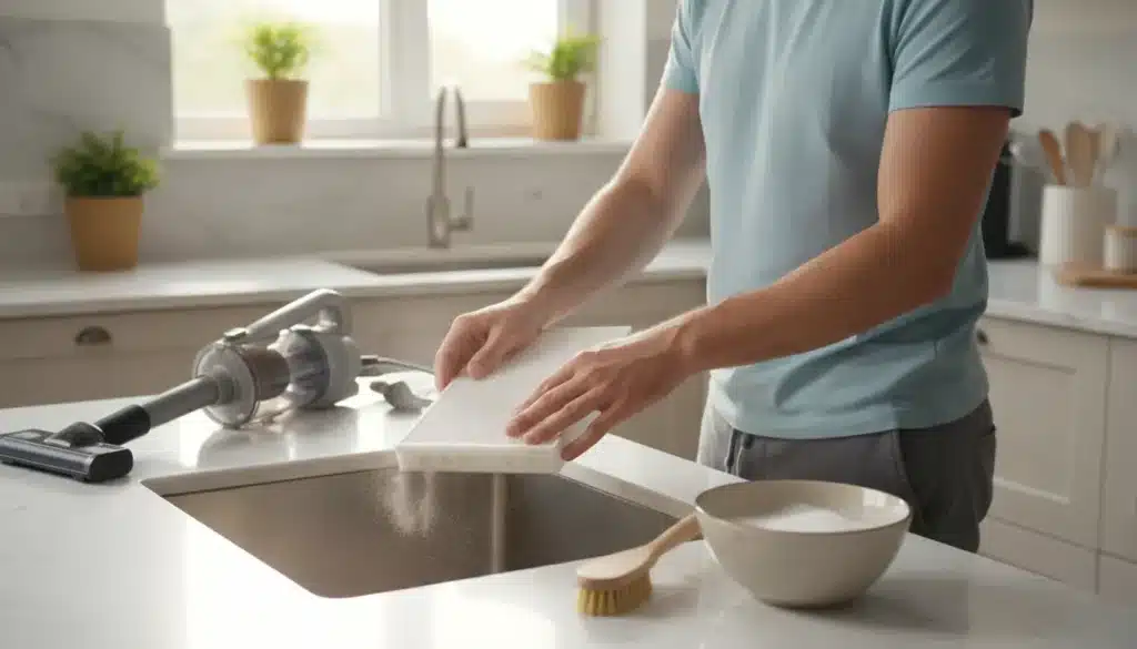 A person cleaning a HEPA filter over a sink using a brush and vacuum cleaner tools