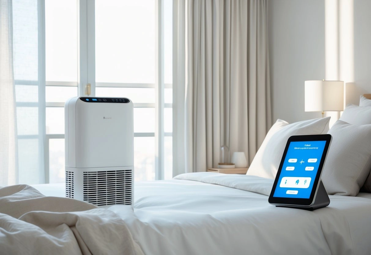 A modern bedroom with a white air purifier near the bed and a digital device showing a calculator on a bedside table.