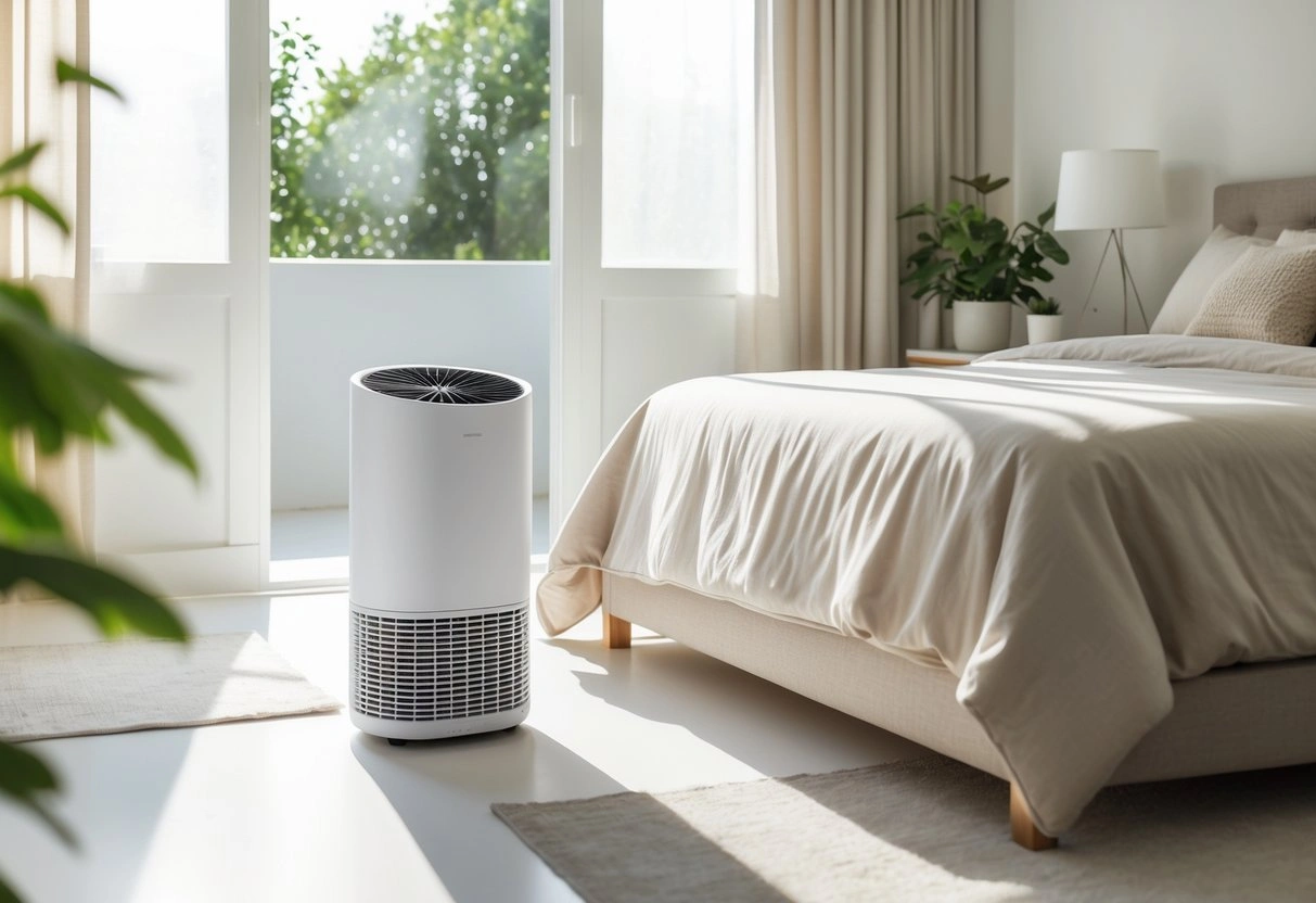 A modern bedroom with a white air purifier placed near a made bed and a bedside table with a lamp and plant.