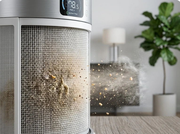 A close-up of a modern air purifier filter trapping visible dust particles, pet dander, and allergens in a living room setting, demonstrating HEPA filtration technology.