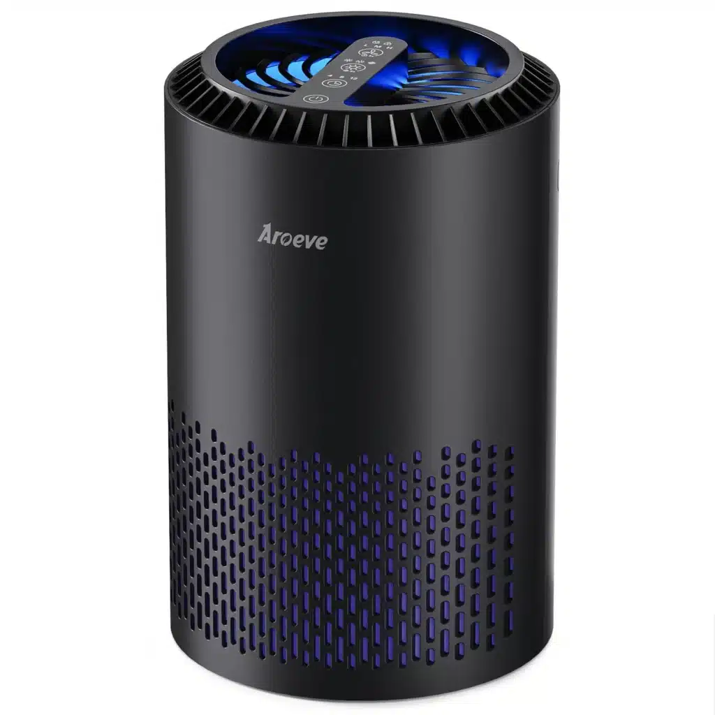 Aroeve air purifier for smoke and pet dander with blue night light and compact black design