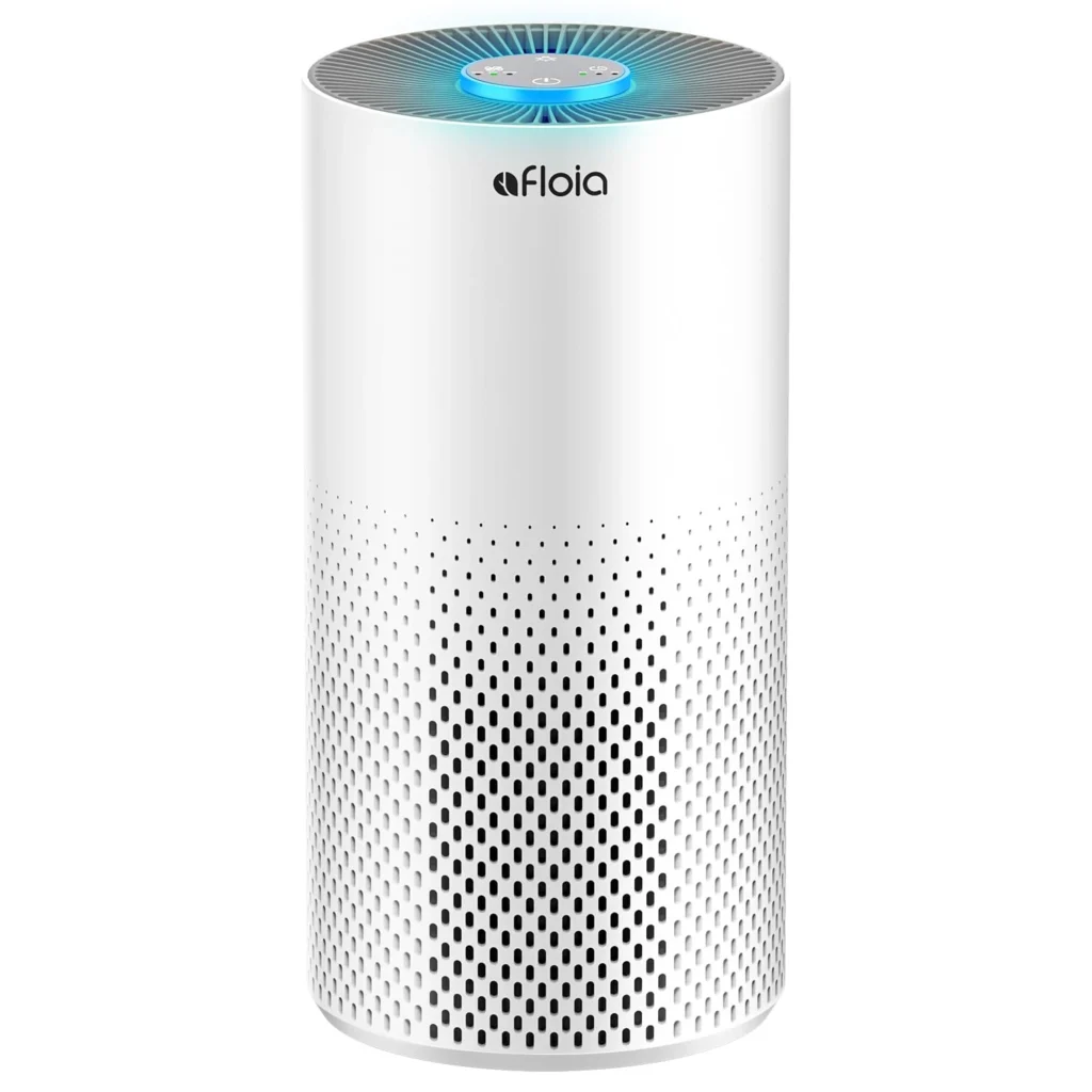 Afloia white air purifier with top control panel and blue LED light for bedroom use.
