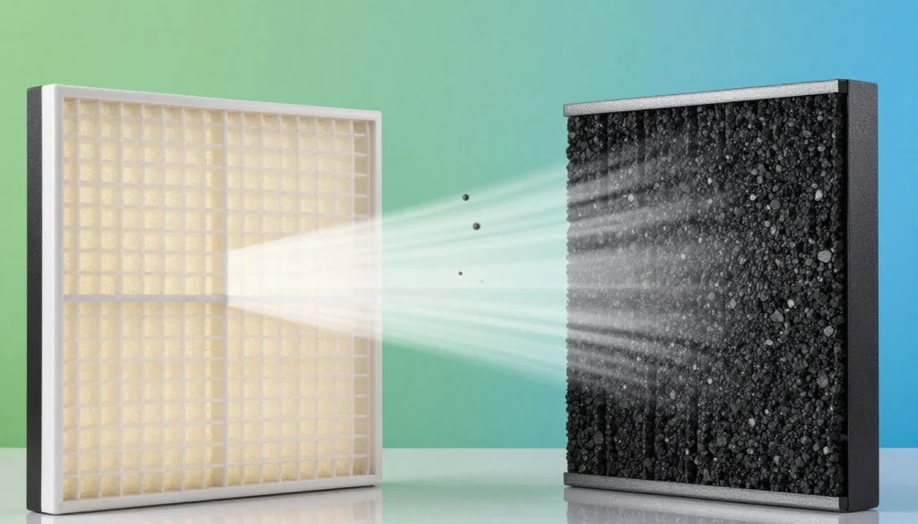 A visual comparison between a white True HEPA filter capturing airborne dust particles and a black Activated Carbon filter for odor and gas adsorption, showcasing the difference in air purification technologies.