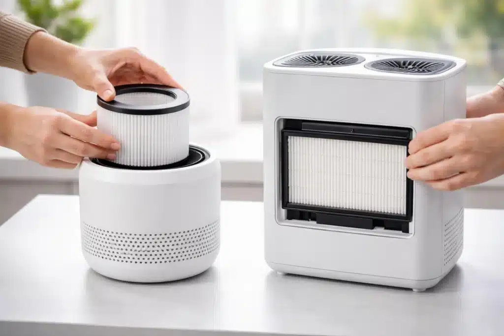 Hands replacing air filters in two different air purifiers placed on a table indoors.