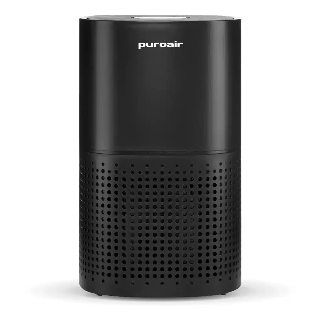 PuroAir HEPA air purifier in black, sleek cylindrical design for home and office allergens