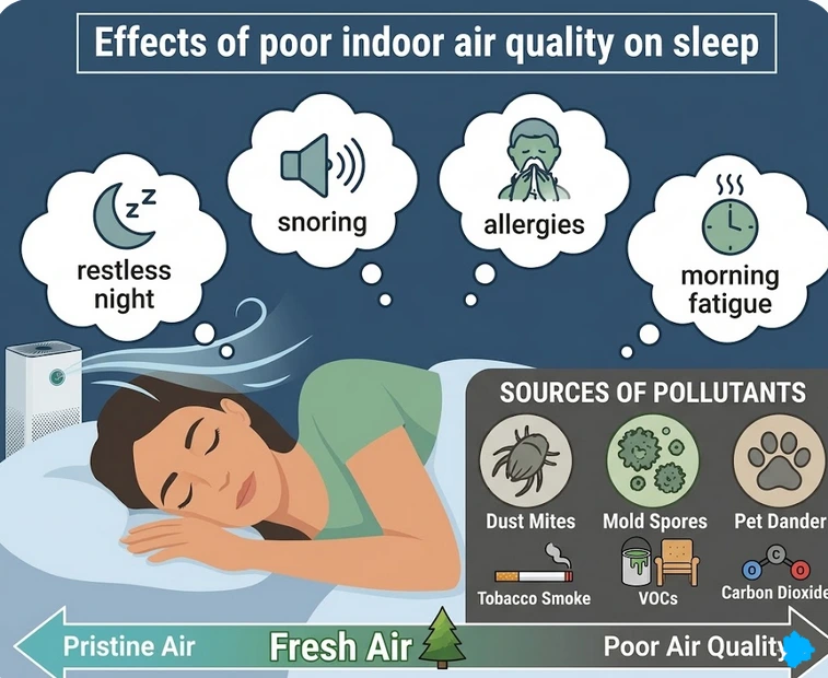Infographic showing the effects of poor indoor air quality on sleep, including restless nights, snoring, allergies, and morning fatigue. It lists sources of pollutants like dust mites, mold spores, pet dander, tobacco smoke, VOCs, and carbon dioxide, with a scale from pristine air to poor air quality.