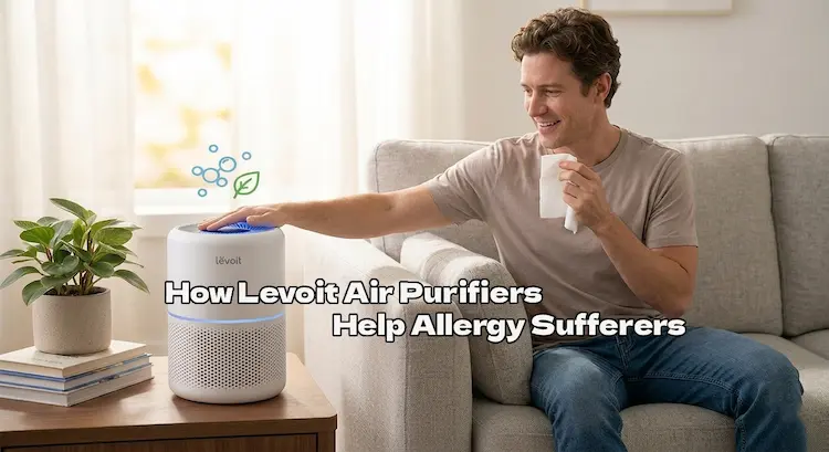 A man sitting on a sofa using a Levoit air purifier on a side table to relieve allergy symptoms in a bright living room
