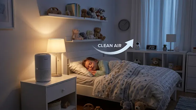 Compact white air purifier on a bedside table in a child's bedroom during nighttime to provide clean air for better sleep
