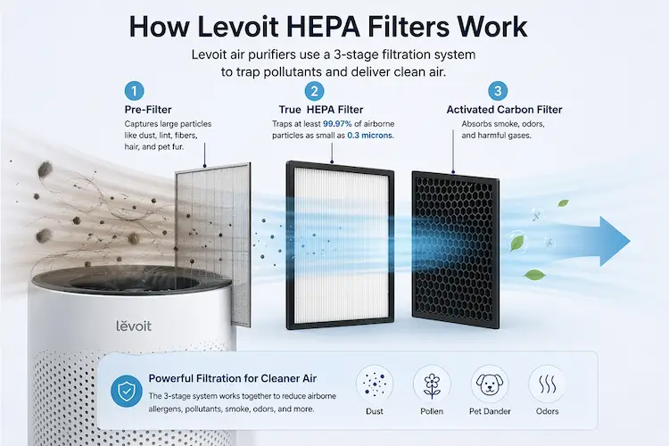 Infographic showing how Levoit 3-stage filtration works with a pre-filter for large particles, H13 HEPA for 0.3-micron pollutants, and activated carbon for odors