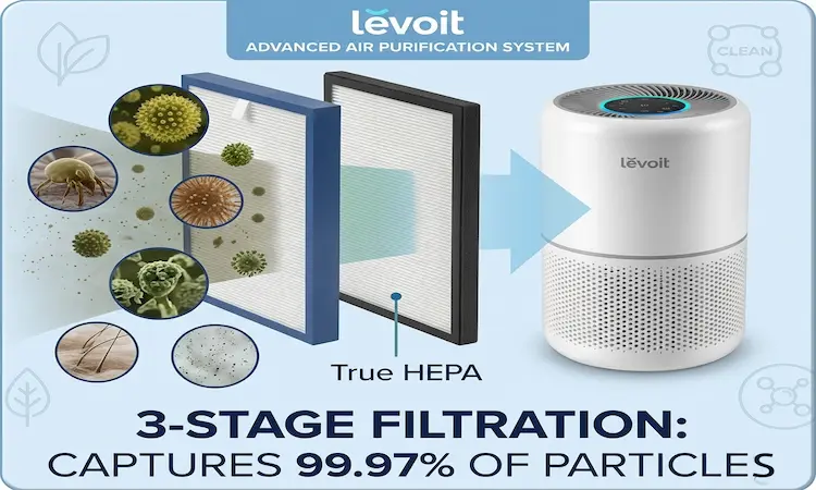 Levoit air purifier 3-stage filtration system diagram showing True HEPA filter capturing 99.97% of particles like dust, pollen, and pet dander
